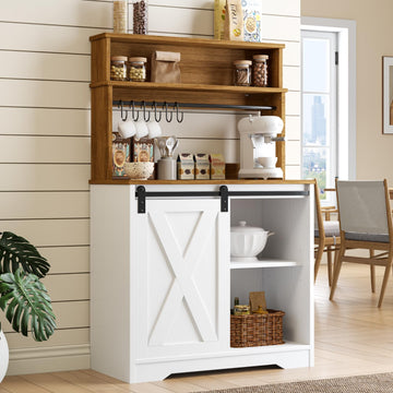 Farmhouse Coffee Bar Cabinet with LED Light for Living Dining Room, 55 Inch