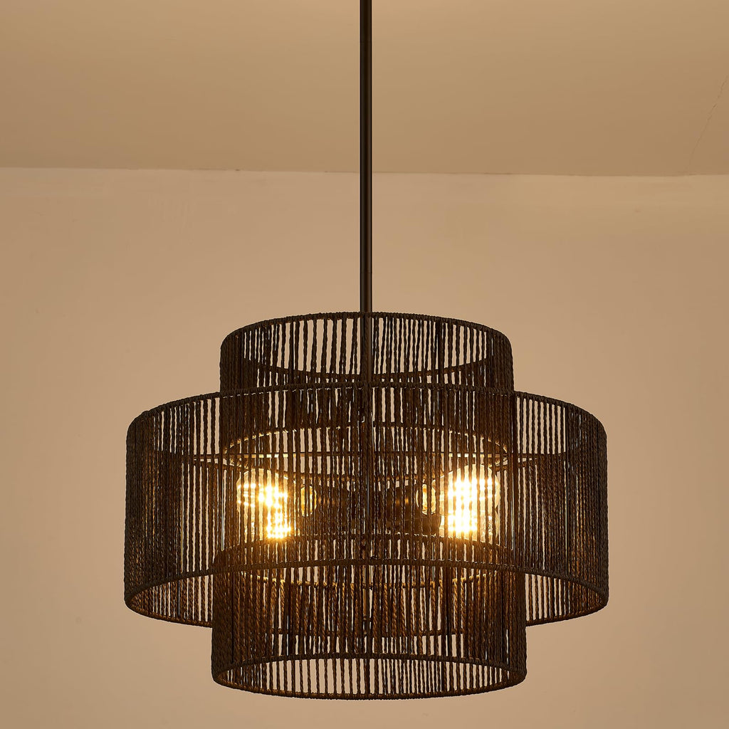 24" Boho Hand Woven Rattan Chandelier 3 Round Adjustable 4-Light Large Pendant Light Island Dining Room Living Room