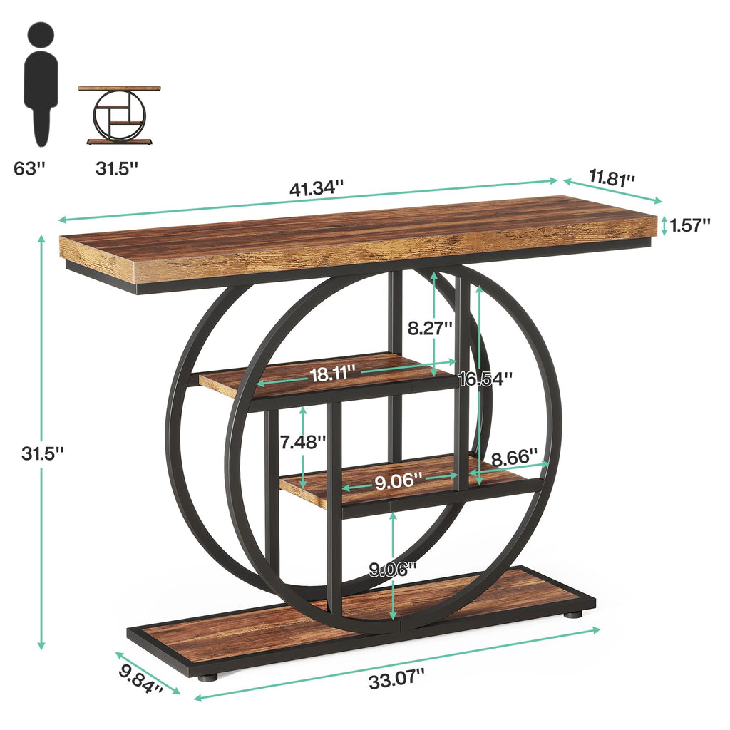 41.3" Console Table, Industrial 4-Tier Sofa Table Entryway Table with Circle Base, Narrow Wood Accent Tables with