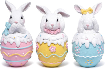 Easter Bunny Figurines - 5.3" Hand-Painted Resin Decorations with Pastel Easter Egg Design - Set of 3