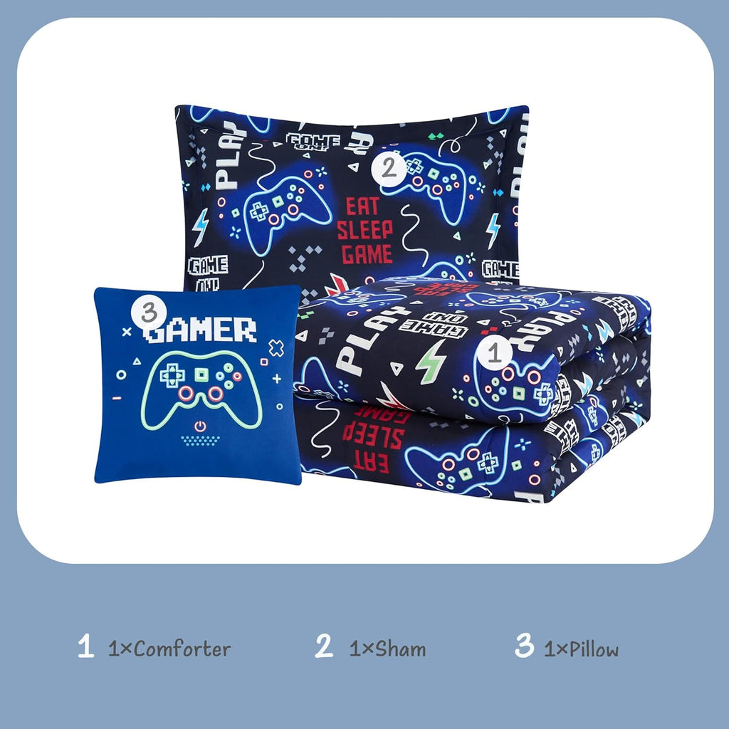 Kids Comforter Set Twin for Boys, Glow in The Dark Gamer Bedding Set 1 Comforter, 1 Decor Pillow, 1 Pillow Sham, Twin