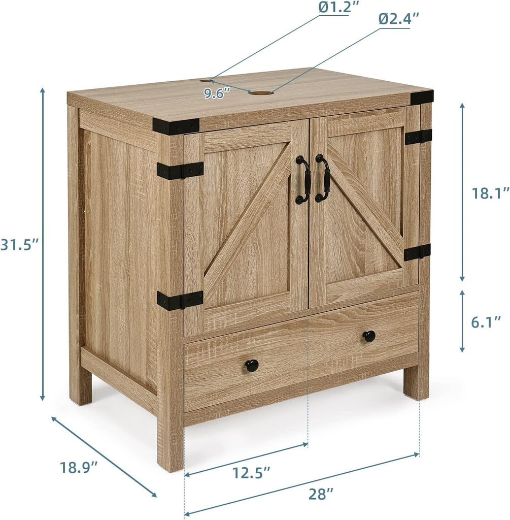 28 inch Natural Color Bathroom Vanity, Rustic Fixture Standing Pedestal Cabinet with Gold Boat Vessel Sink