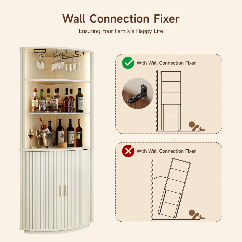 72" Tall Corner Bar Cabinet with LED Light, Liquor Cabinets, White