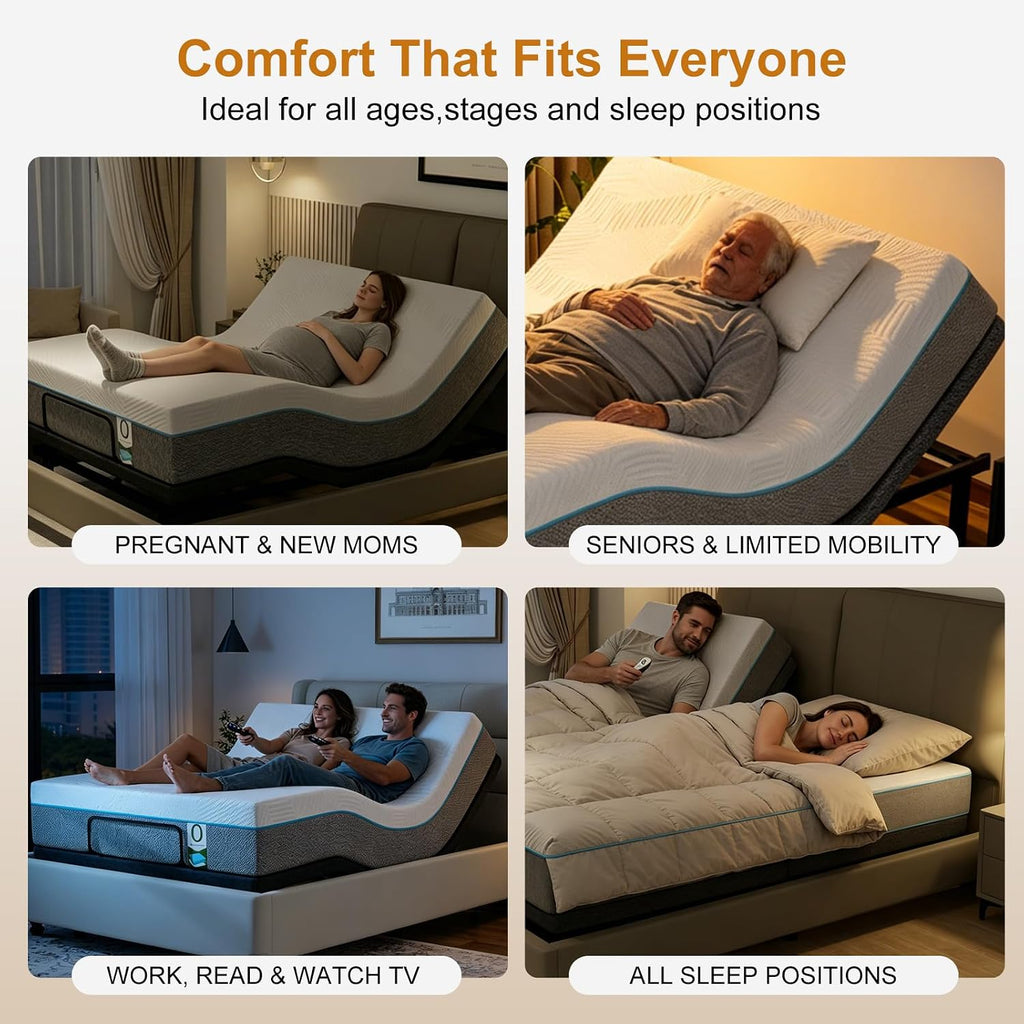 Queen Adjustable Bed Frame with Mattress, Electric Bed Base with Head and Foot Lift, Head-Pillow-Tilt, Under-Bed LED