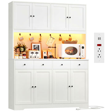 72" LED Kitchen Pantry Storage Cabinet with Power Outlet, Tall Hutch, White