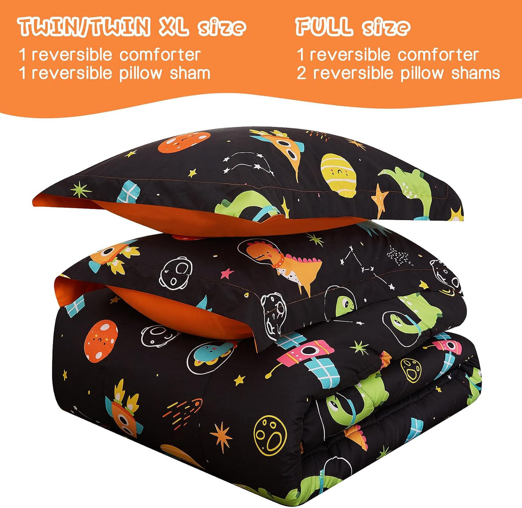 Space Dinosaur Kids Comforter Set for Boys Twin, Cute Quilted Black Printed Bedding Set with Pillow Sham, Lightweight
