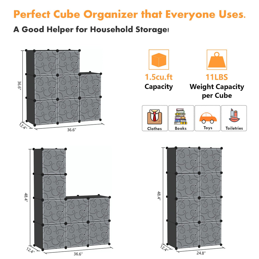 8-Cube Storage Organizer with Door Cube Shelf Closet Cabinet Black