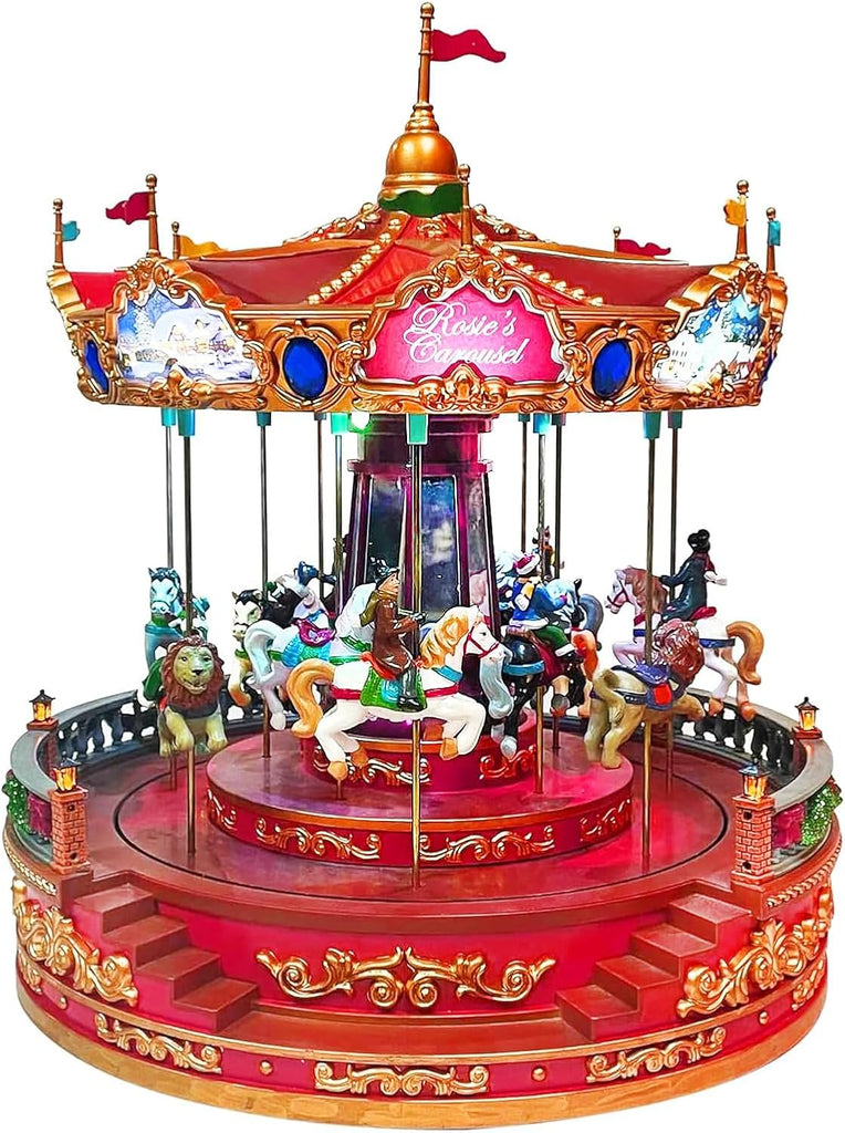 Animated Rosie's Carousel (Moving Carousel) 15.2"H LED Lights 8 Classic Carols Christmas Music, Adapter Included