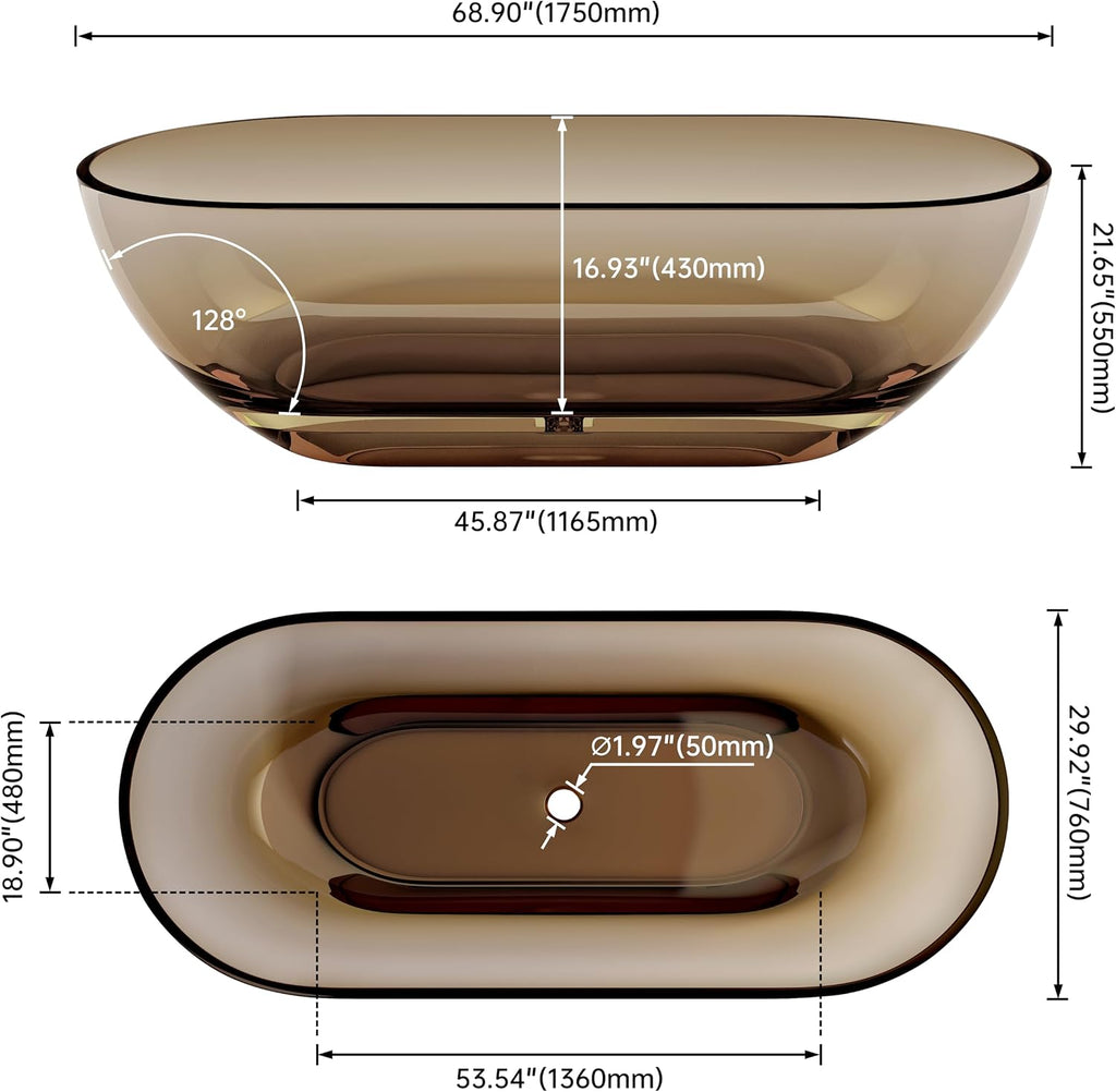 69" Resin Stone Freestanding Bathtub, Solid Surface Modern Freestanding Tub Soaking Stand Alone Tub with