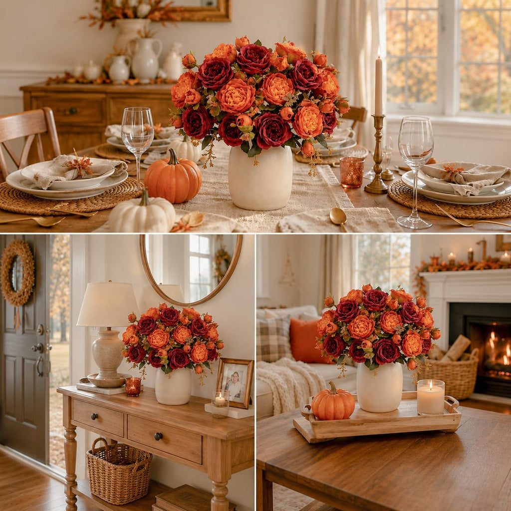 4-Bunch Burgundy and Orange Artificial Peony Bouquet for Fall Decor - Set of 4