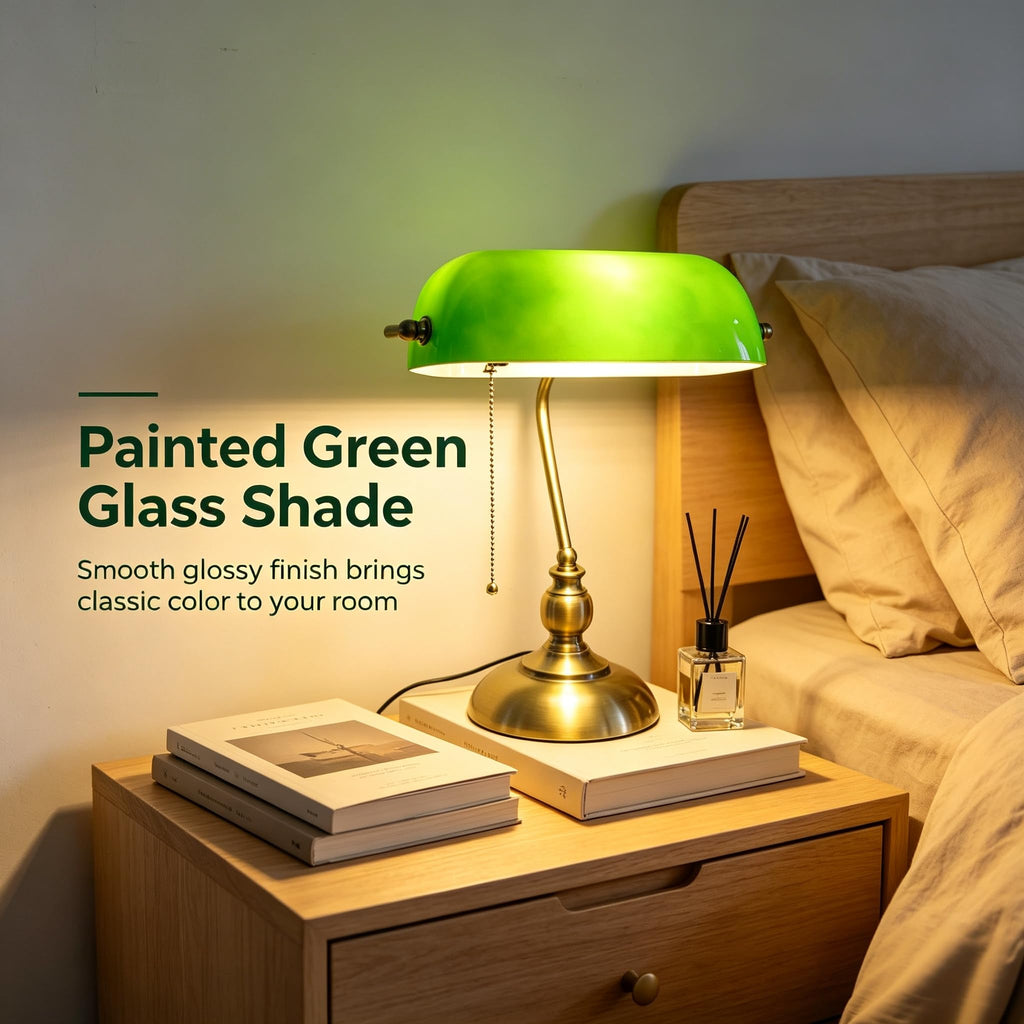 Bankers Desk Lamp, Green Retro Table Lamp, Vintage Lamp with Pull Chain Switch -Green