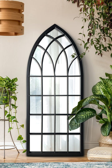 Farmhouse Window Mirror,Arched Black Mantel Mirror,Cathedral Wall Mirrors with Window Pane /Fireplace/Living