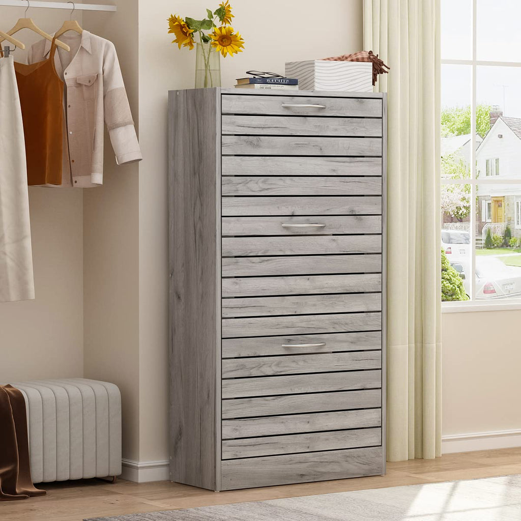 Shoe Cabinet, Grey Narrow Shoe Storage Cabinet with 3 Flip Doors & Adjustable Shelf Hallway (22.4"W x 9.4"D x 42.3"H)