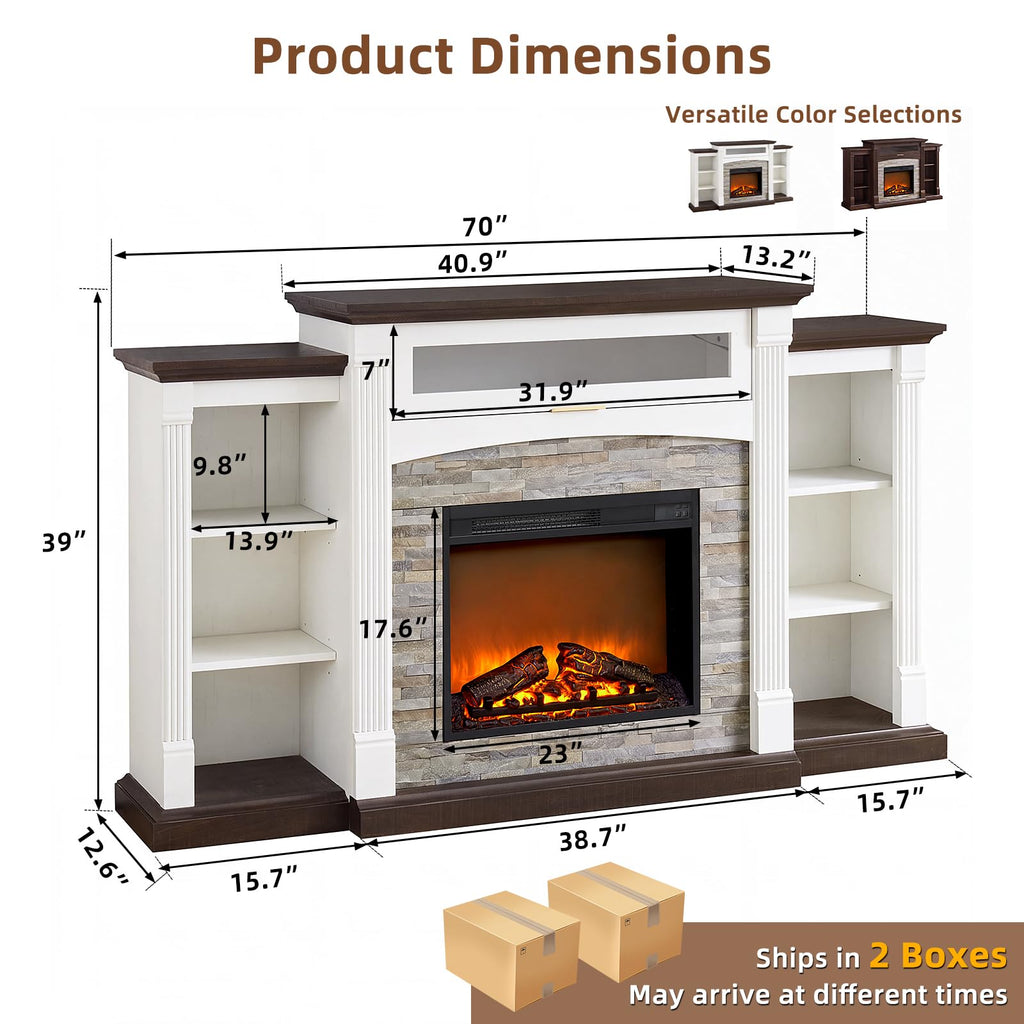 For 80'' TV, 70" Electric Fireplace with Mantel, White Entertainment Center with Electric Fireplace & LED Lights, TV