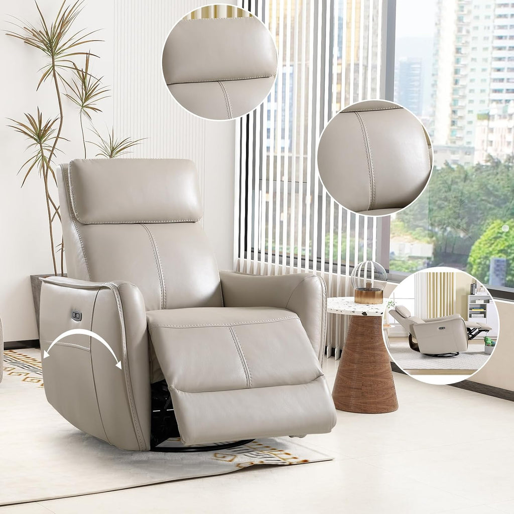 Power Swivel Rocker Recliner Chair with USB Port, Wide Seat, Head & Lumbar Support, Upholstered Glider Chair , Silver