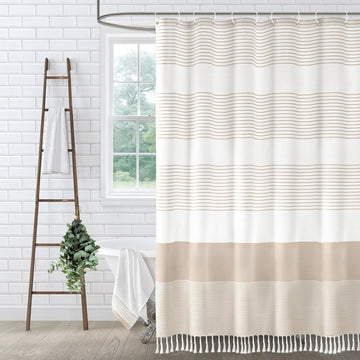 Beige Boho Cotton Striped Shower Curtain with Tassel 72" W X 72" L | Boho Farmhouse Shower Curtains with Soft Cotton