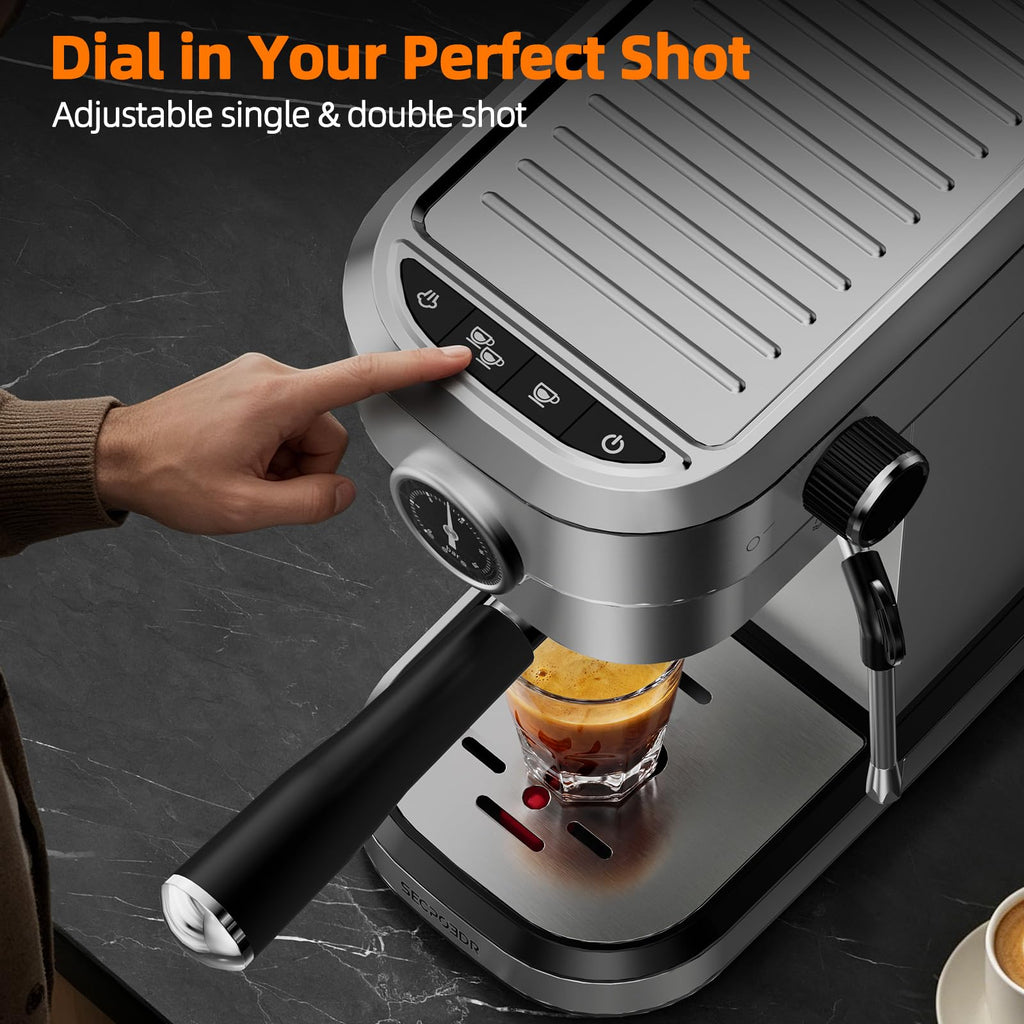 20 Bar Compact Espresso Machine with Pressure Gauge, Stainless Steel Espresso Maker with Milk Frother, Coffee Machine