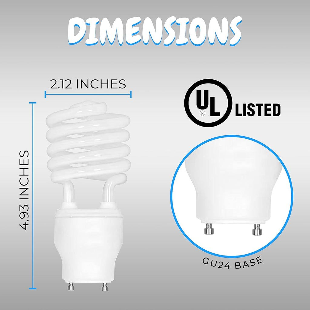 CRI 82 Mini Spiral Compact Fluorescent Light Bulbs with GU24 Base - 120V Two Pin Fluorescent Bulbs with 23 W - 2700