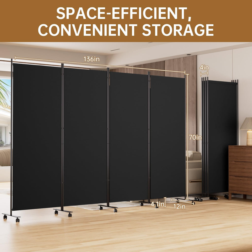 Room Divider 136'' Wide Folding Room Divider Panel with Wheel, Upgraded Base