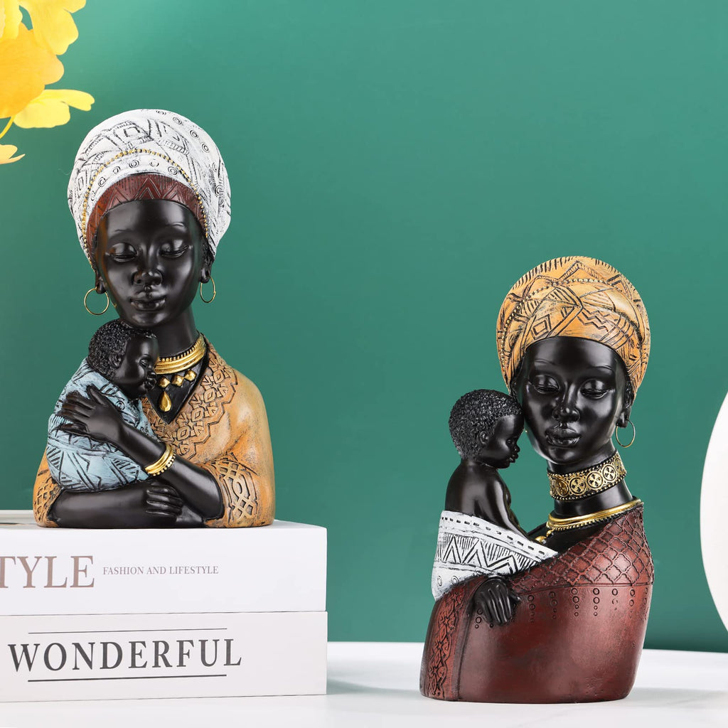 African Art Mother and Child Figurine - Black Woman Bust Statue Decor - Resin Sculpture Accent, Desktop