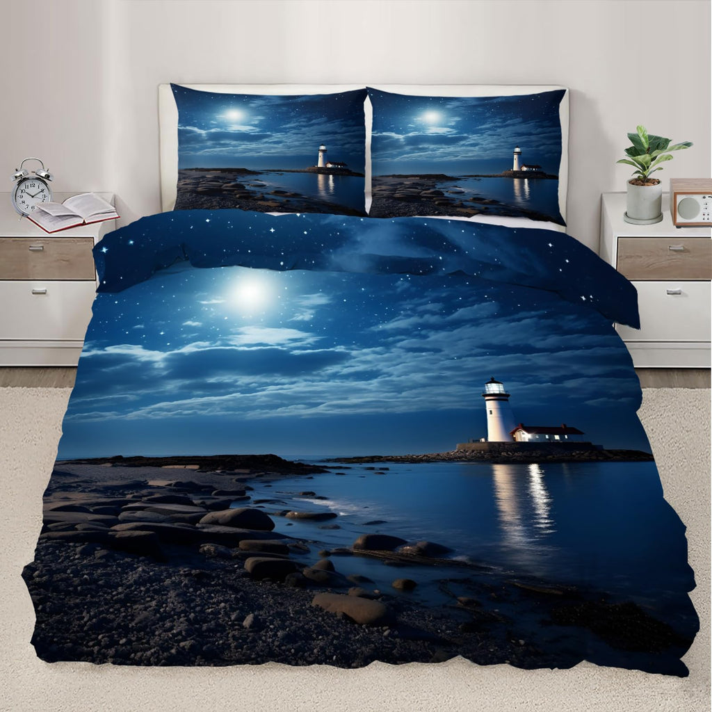 Lighthouse Bedding Set, Night View Bedding Rocky Beach Duvet Cover Microfiber Comfy Comter Cover with 2