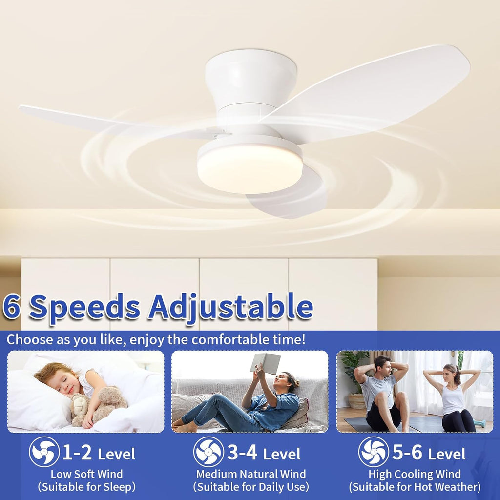 Small Ceiling Fan with Lights and Remote, 32'' Flush Mount, White