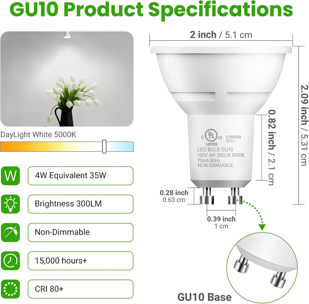 GU10 LED Bulbs, MR16 Track Light Bulbs, 4W 5000K Daylight, 12 Pack
