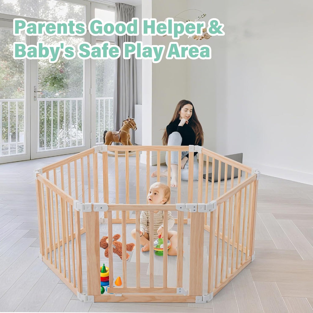 Foldable Wooden Playpen-51x51x25in-Large Baby Gate Playpen with Child-Proof Lock-Easy Assembly, Portable Design for