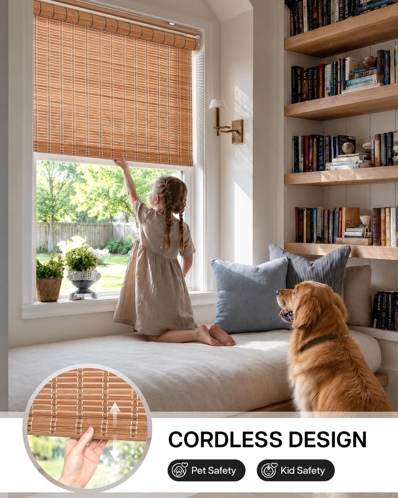 Cordless Bamboo Roller Shades, 23" W x 70" H, Brown206