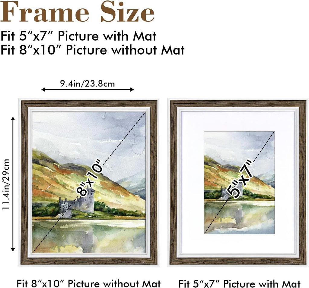8x10 Picture Frame Set of 6, Rustic Farmhouse Photo Frame, Display 5x7 with Mat or 8x10 Without Mat for Decorative on