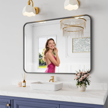 Bathroom Mirror, 30X40 Inch Black Metal Framed Mirror, Tempered Glass, Anti-Rust, Rounded Rectangle Mirror for