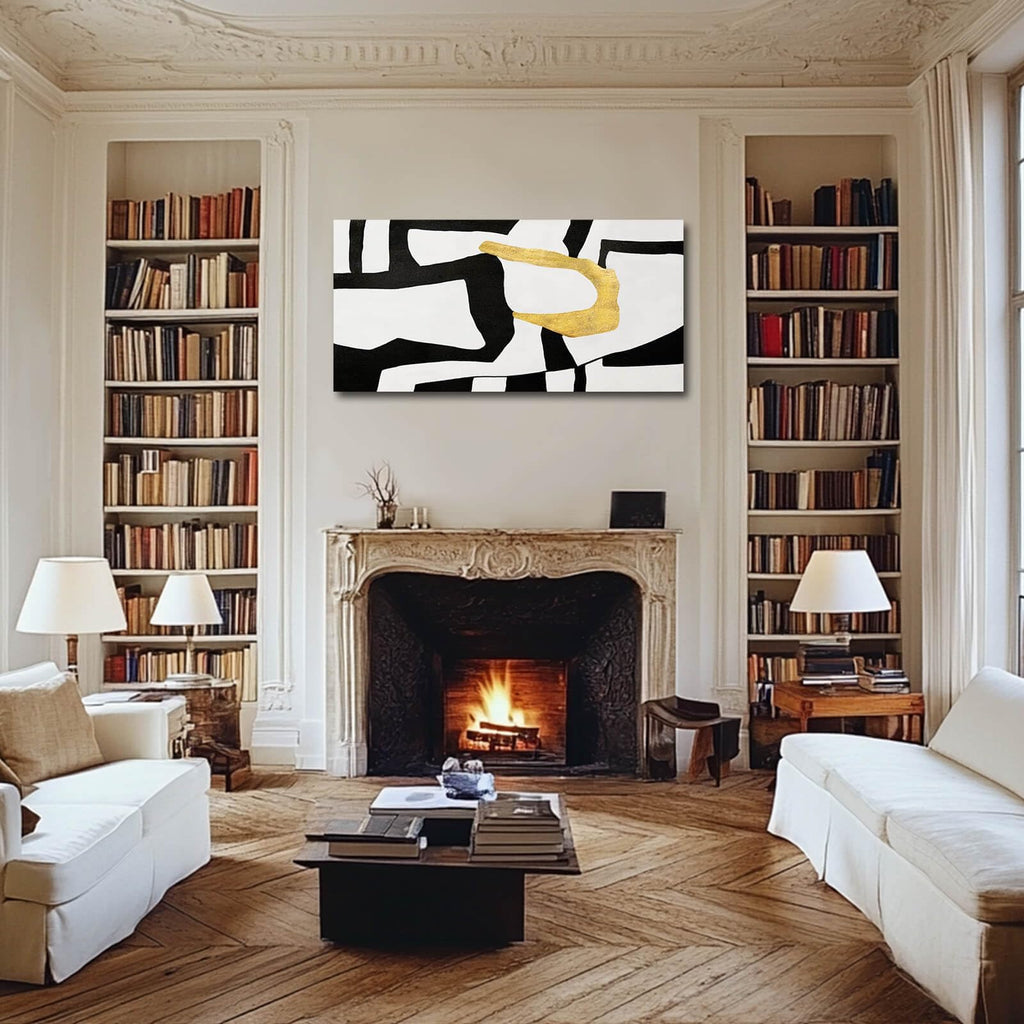 Black and White Wall Art Abstract Wall Decor Geometric Canvas Poster Large Wall Painting 24"x48" Gold Pictures Dining