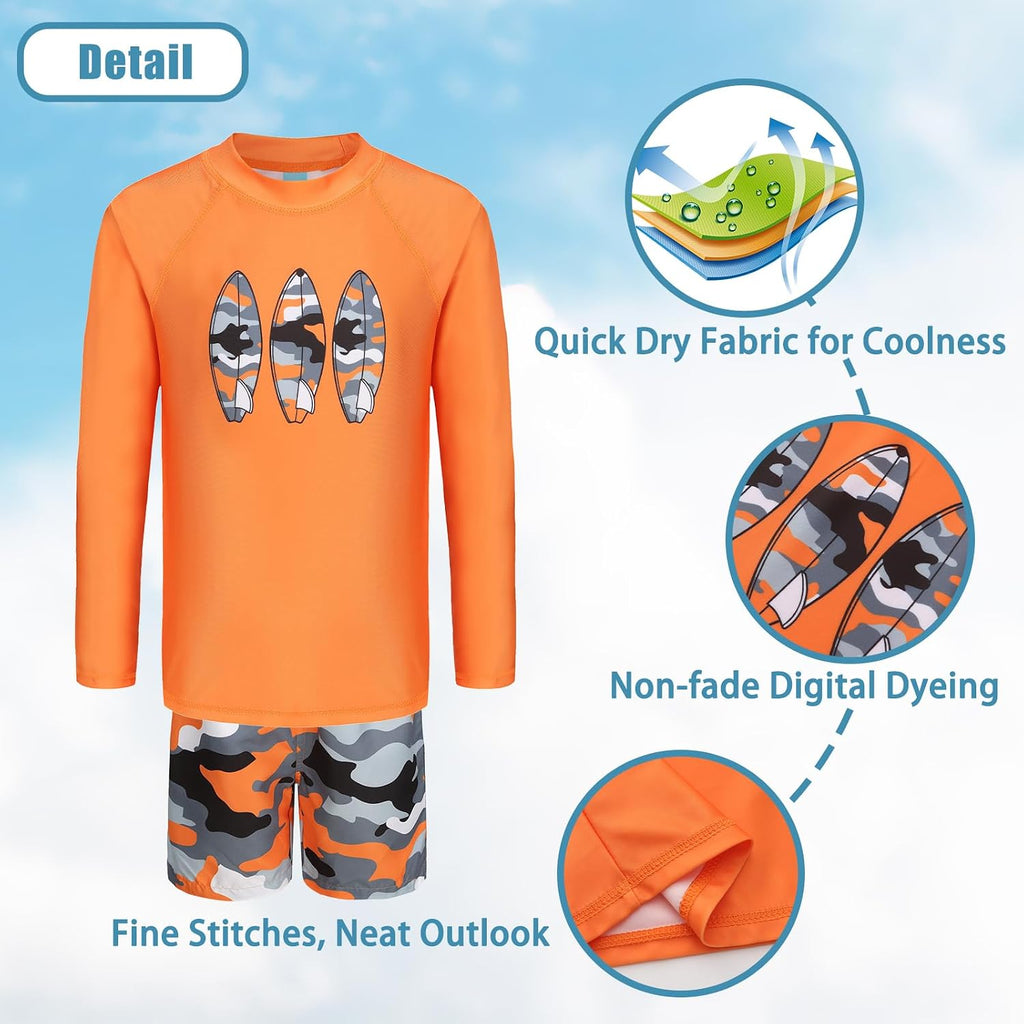 Boys Two Piece Rash Guard Swimsuits Set with Swim Trunk Kids Long Sleeve Bathing Suit Swimwear Set