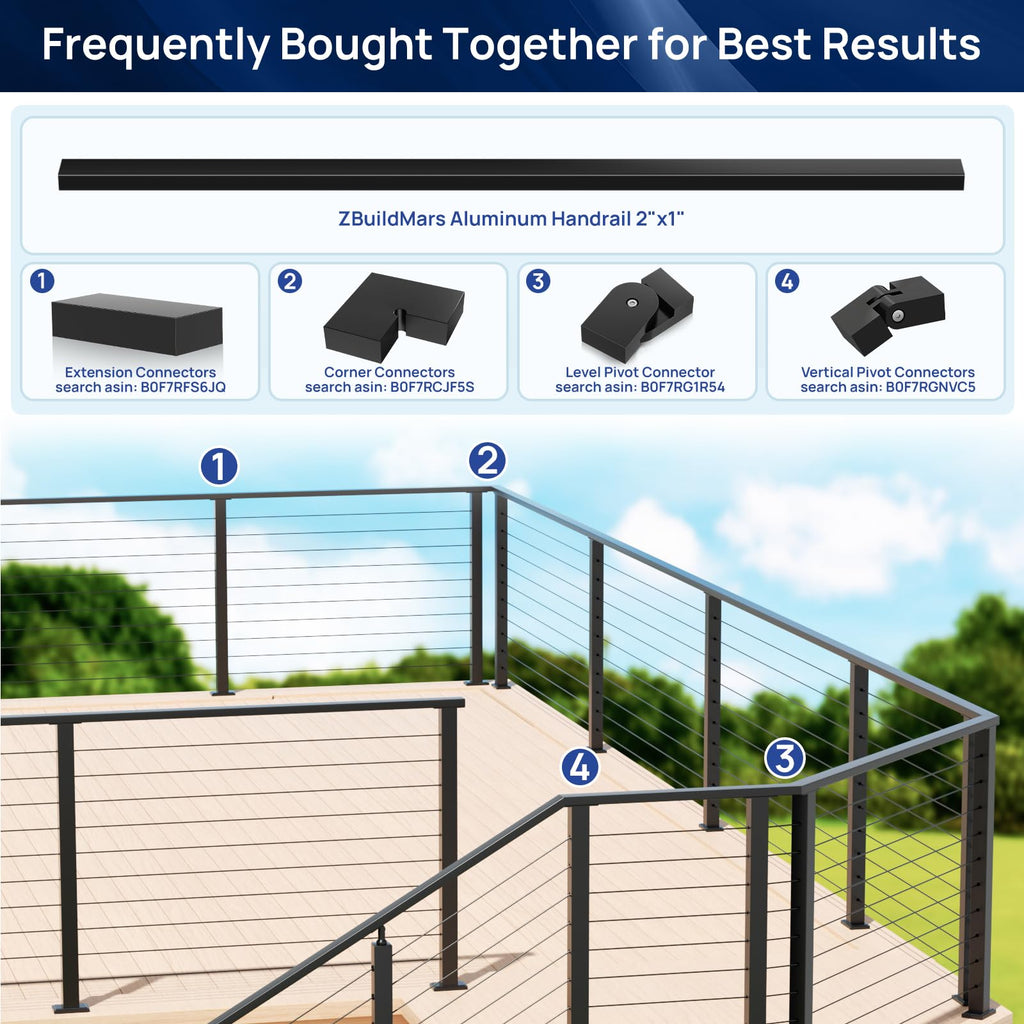10FTx 2"x1" Aluminum Black Handrail with Self Drilling Screw Nylon End Caps