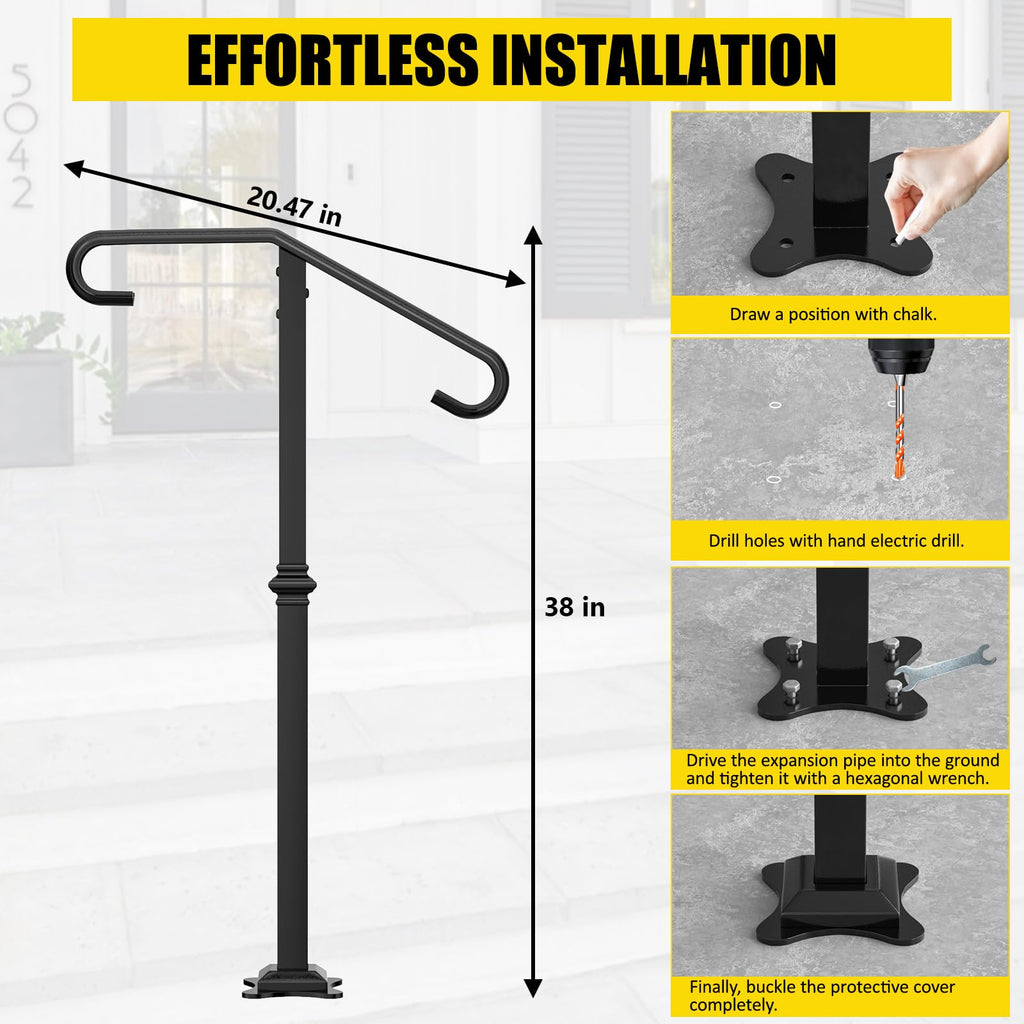Single Step Handrail, 1 or 2 Steps Hand Rails for Outdoor Steps, Rust-Proof Wrought Iron Stair Railing for Seniors