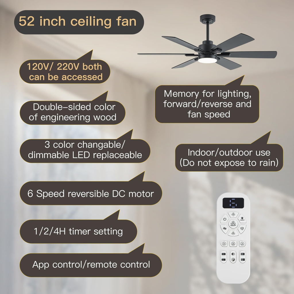Ceiling Fans with Lights and Remote Control, Black Ceiling Fan with Light 3-Color LED Dimmable, Memory for Lighting