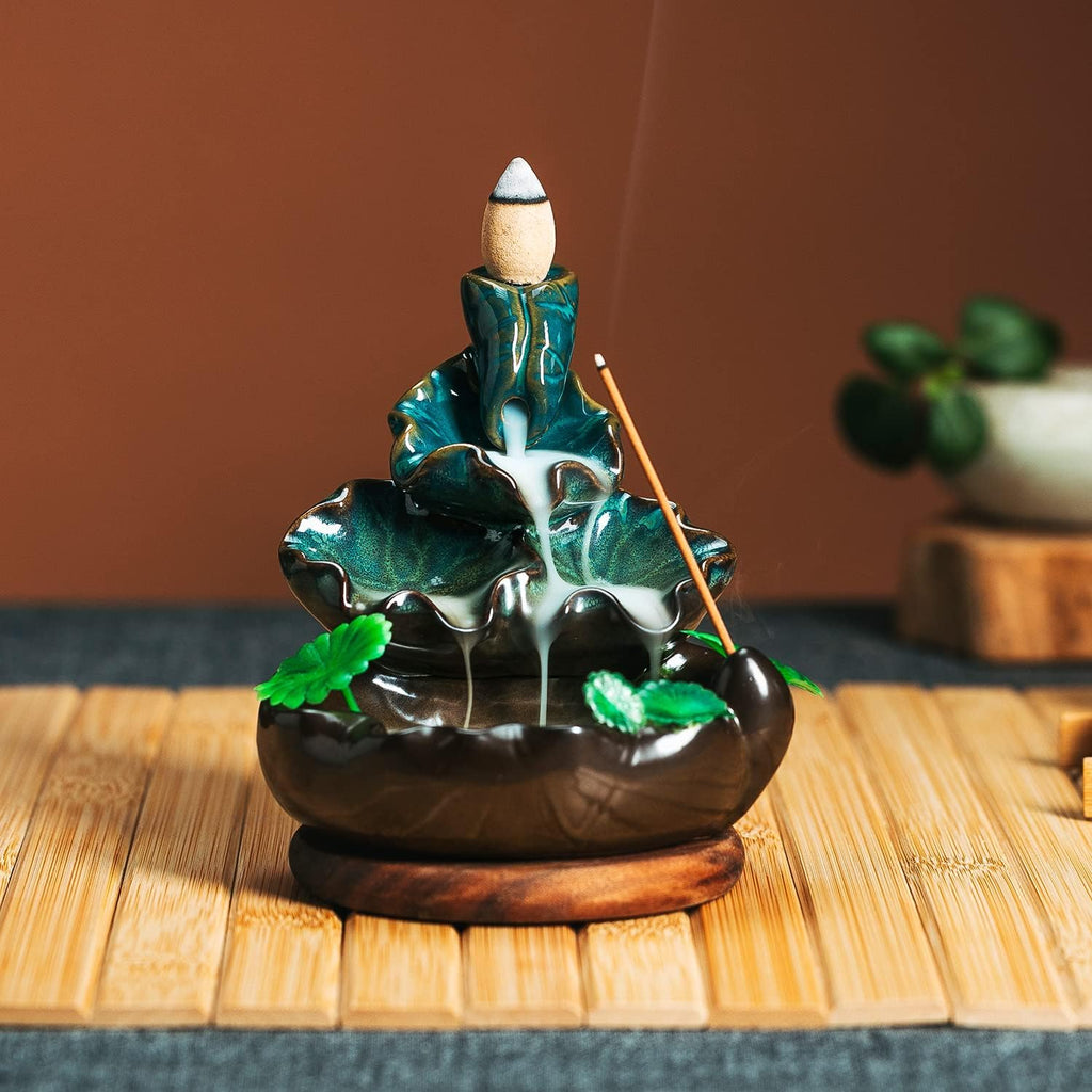 Cute Ceramic Backflow Incense Holder Waterfall Incense Burner with 48 Incense Cones and 30 Incense Stick, Incense - Set of 78