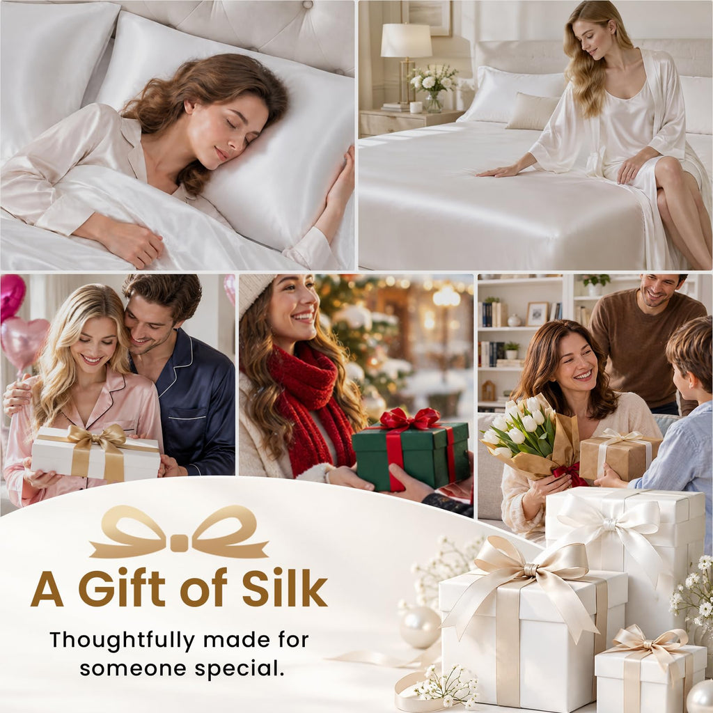 100% Mulberry Silk Fitted Sheet Set, 7A+ Silk 3 Pieces Bed Sheets, Breathable, Smooth, 16 Inch Deep Pocket Fitted