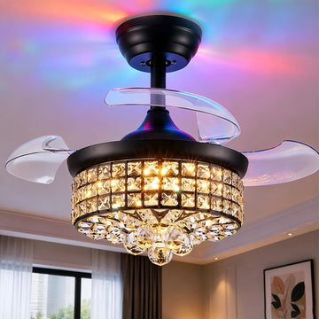 30" RGB Crystal Ceiling Fan with Light, Retractable Modern Chandelier Fan 6 Speeds Reversible Blades Black