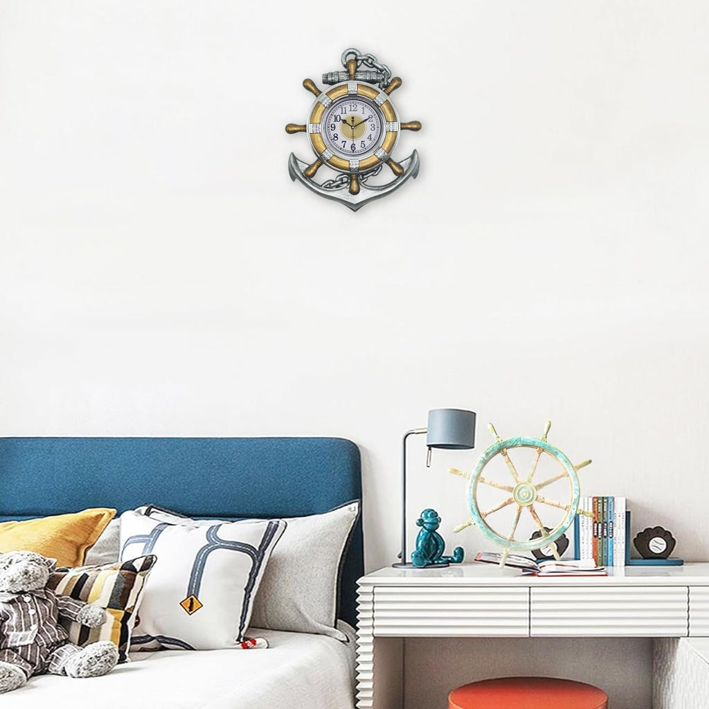 Anchor Outdoor Clock, Nautical Ship Wheel Rudder Decorative Wall Clock