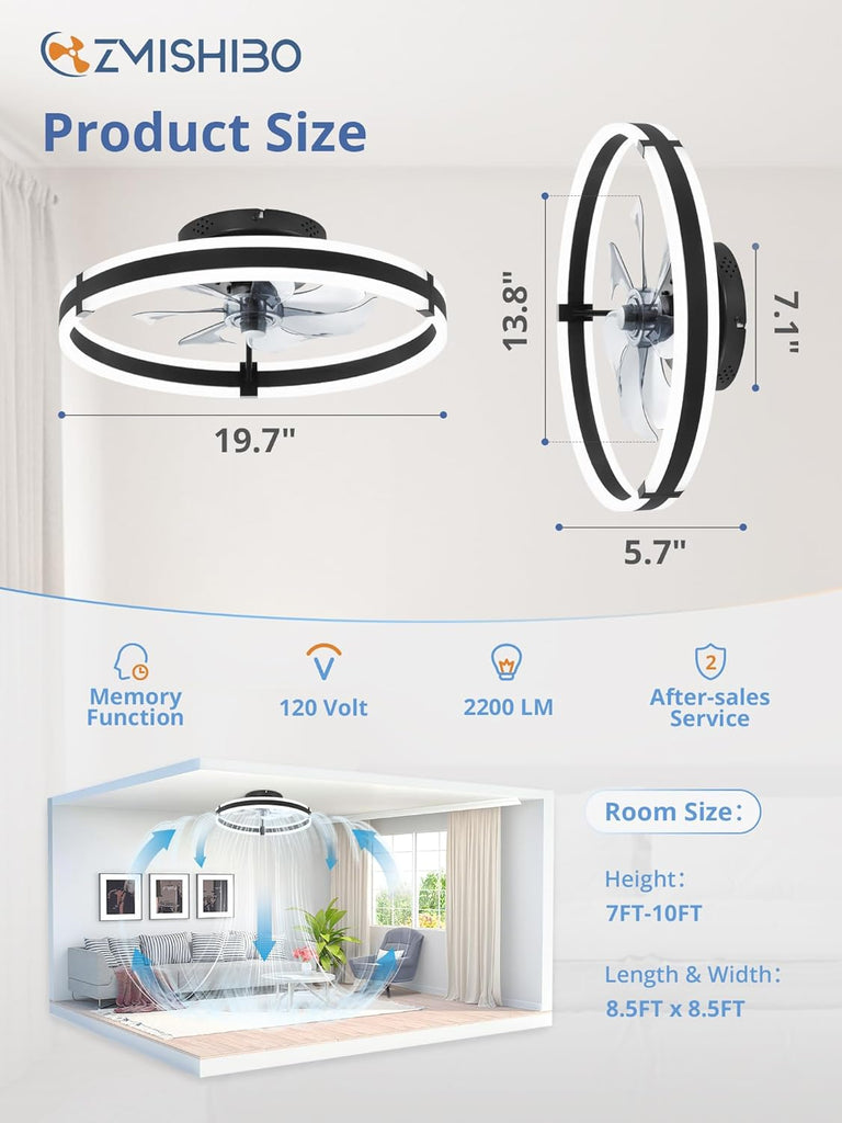 Ceiling Fans with Lights and Remote, 19.7'' Low Profile Ceiling Fan, 3000-6000K Dimmable Modern Flush Mount LED Fan Light, 6 Wind Speeds, Black Fandelier Ceiling Fans for Bedroom A101-B0DBHGKLLQ