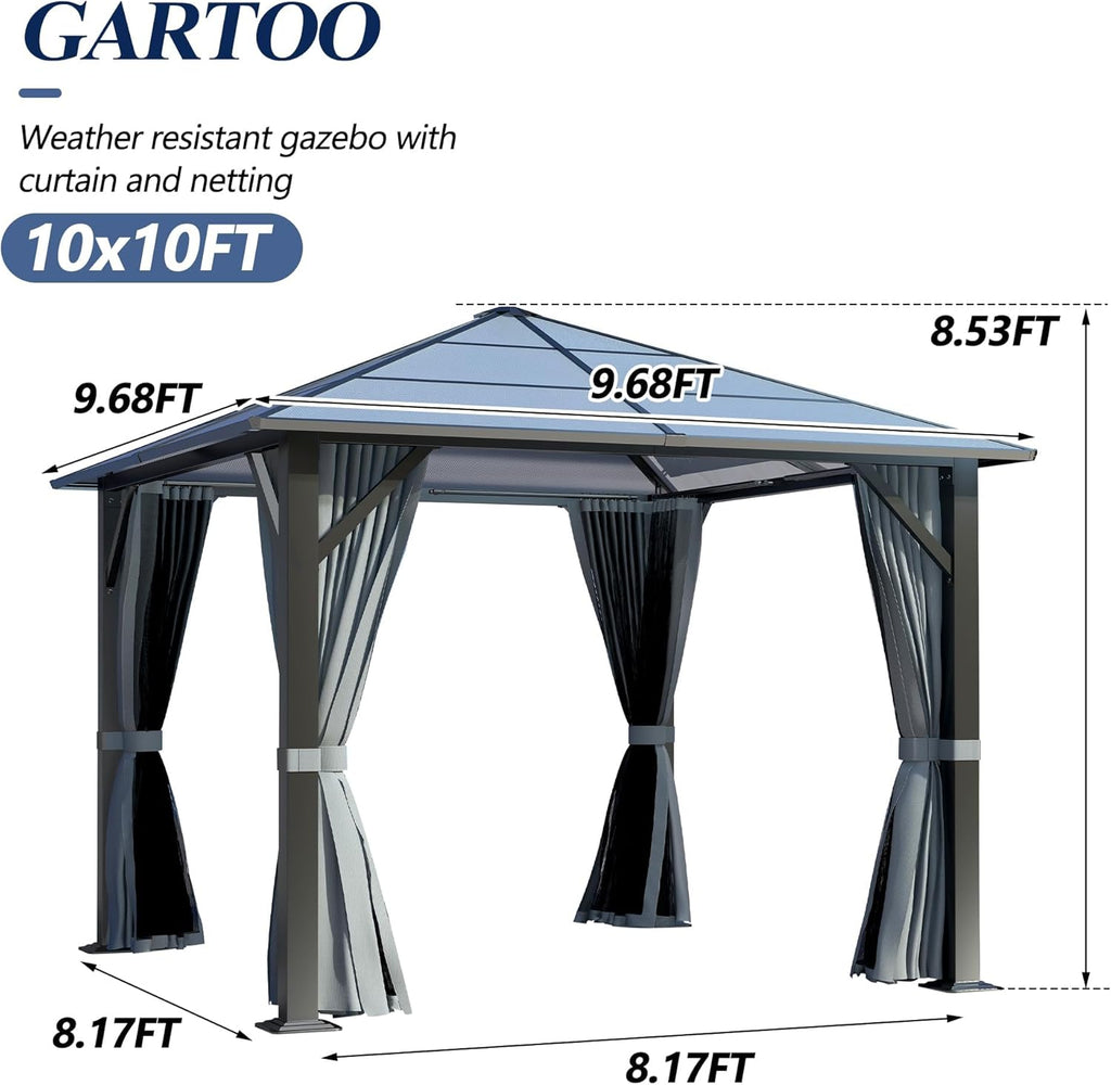 10’x10’ Patio Hardtop Gazebo with Polycarbonate Roof, Waterproof Outdoor Canopy Gazebo