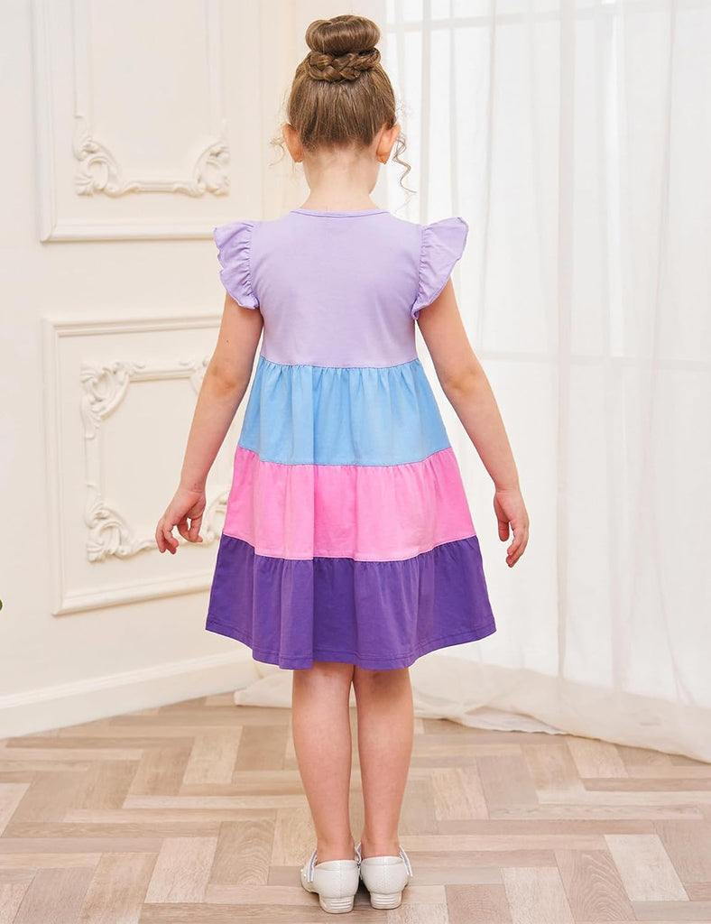 Girl's Dresses Cotton Ruffle Sleeve Tiered Swing A-Line Cute Midi Casual Sundress