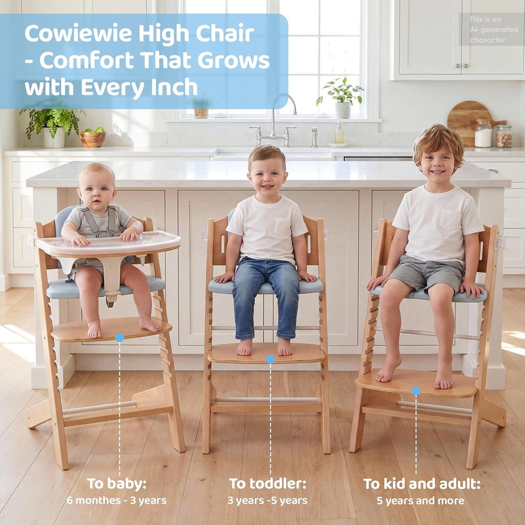Natural Wooden Baby High Chair with Cushions & 3-Tier Remove Adjustable Tray Cushion, Easy to Clean & Natural Wooden