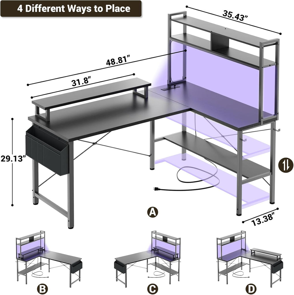 L Shaped Gaming Desk with Power Outlets & LED Lights, Black | Small L- Shaped Desk Computer Corner Desk with Monitor