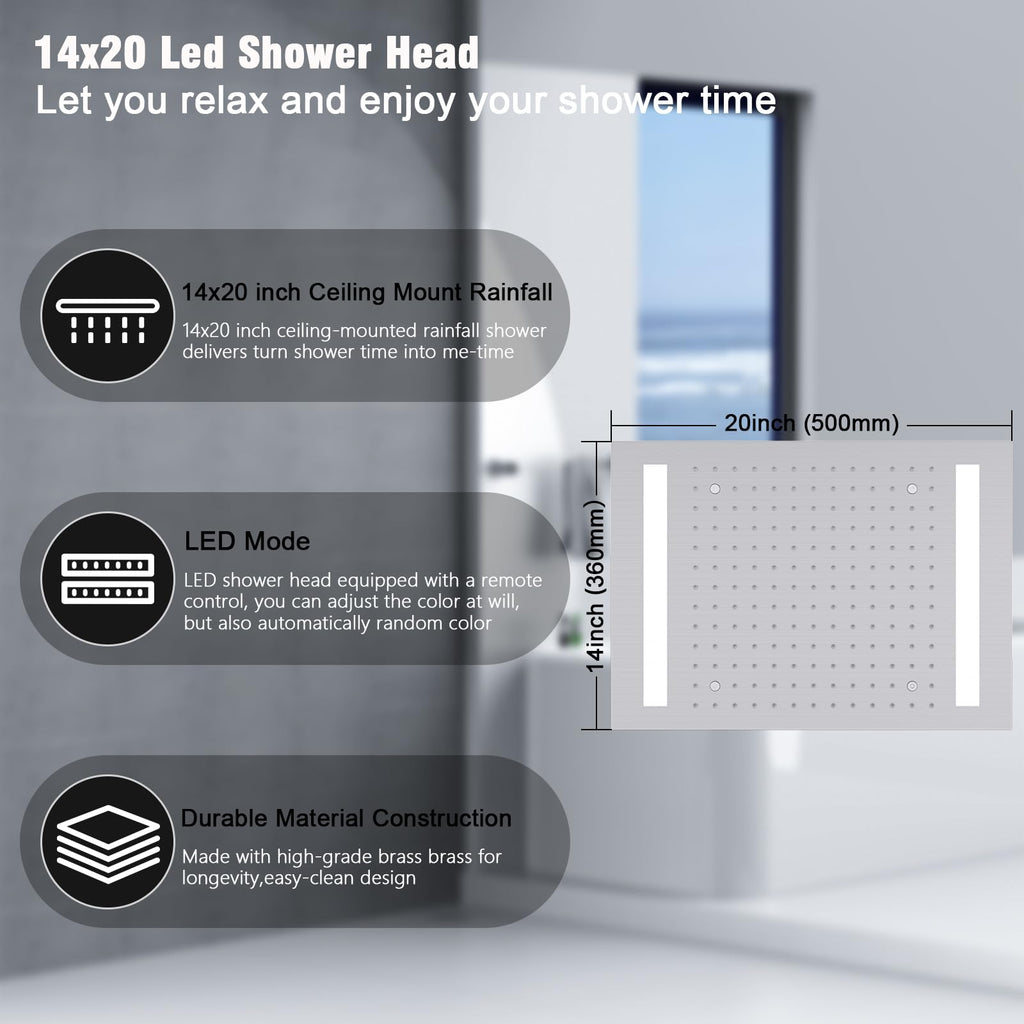 Rain Shower Head System with 14x20 Inch Ceiling Mount LED Head & 6 Inch Wall Head and Handheld Shower 3 Way Pressure