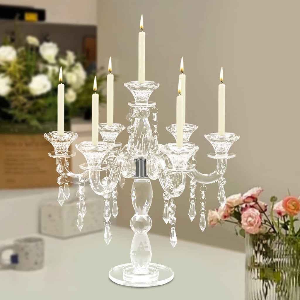7 Arm Crystal Candlestick Holders Modern Clear Candelabra Centerpieces for Tables Vintage Candle Holder Wedding