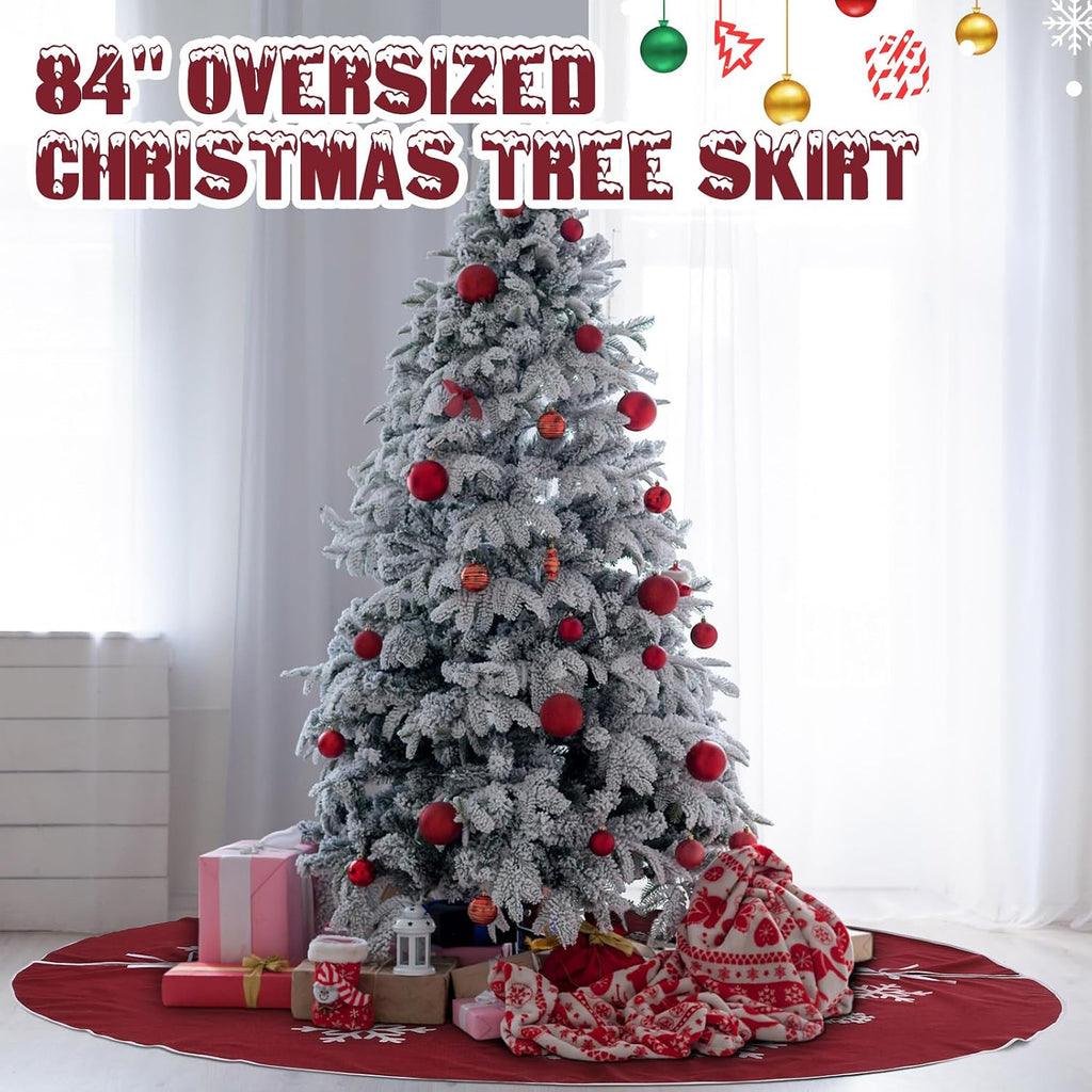 Large Christmas Burlap Tree Skirt Snowflake,84 Inch,Red