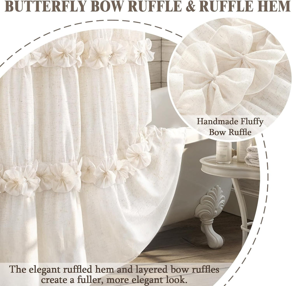Ruffle Shower Curtain with Bow Vintage Farmhouse Linen Shower Curtain , Cream, 72" W x 72" H