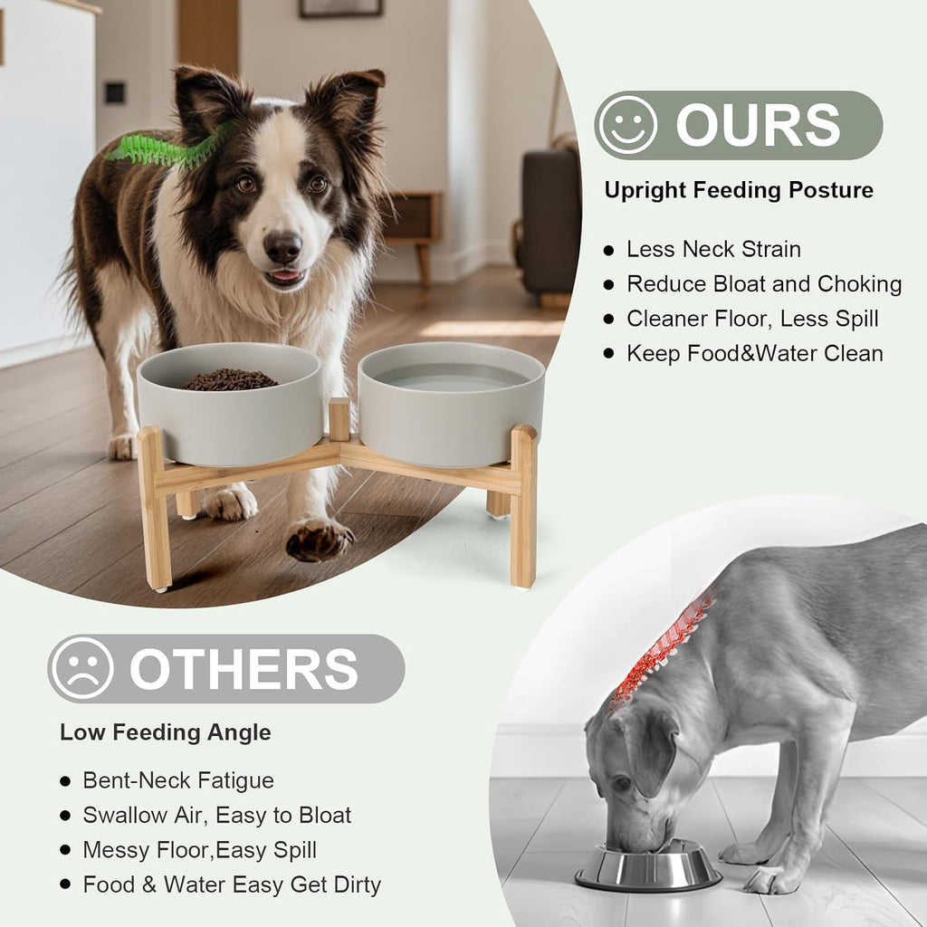 Elevated Dog Bowls Ceramic, 7.3'' Dogs Food Water Bowls Raised with Non-Slip Bamboo Stand for Medium to Large Sized